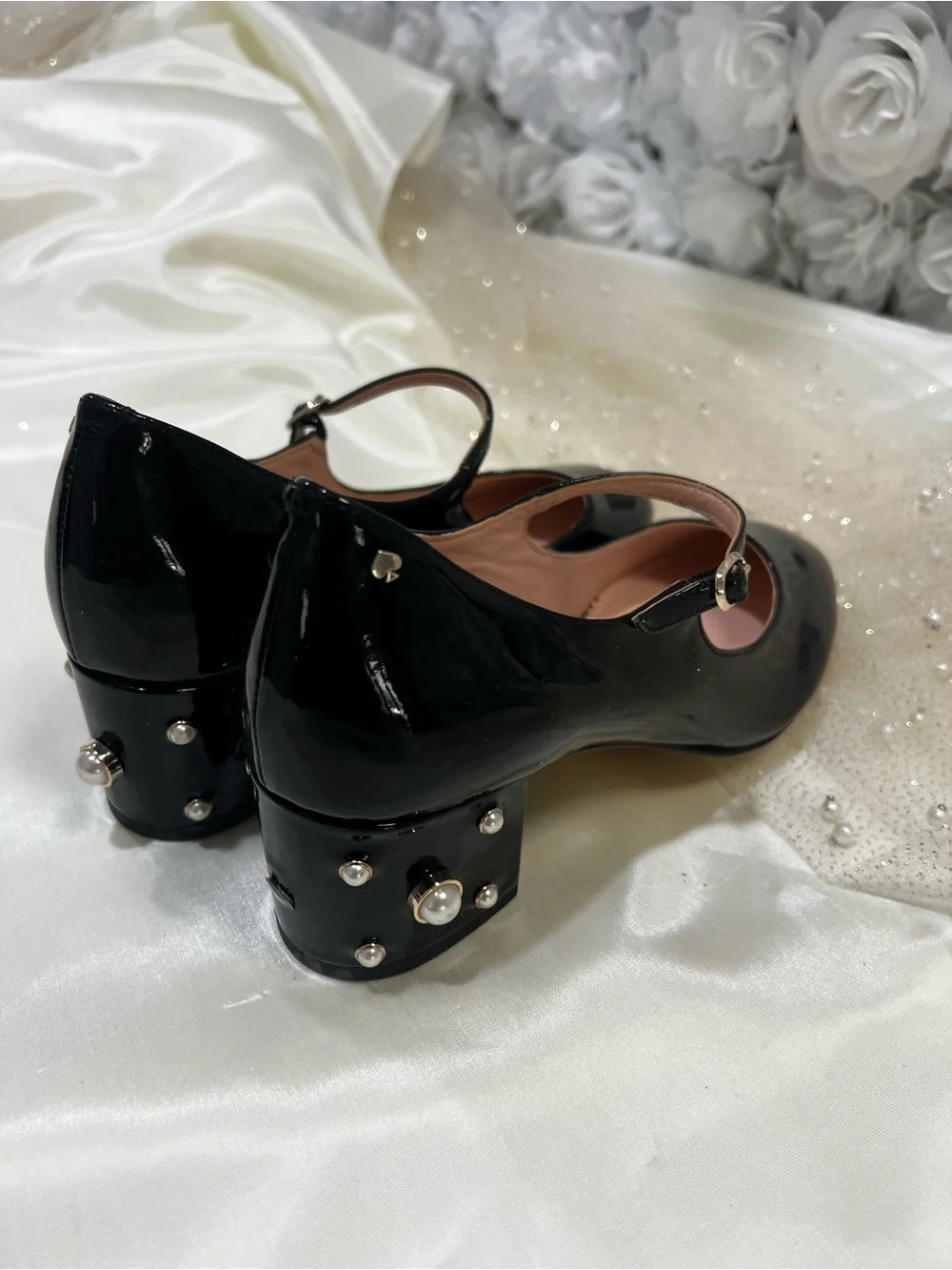 kate spade Black Patent Leather Mary Jane Heeled shoes with Pearl Studs